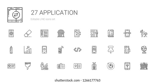 application icons set. Collection of application with earth, id card, menu, profits, filter, pushpin, mobile shopping, coding, navigation. Editable and scalable application icons.
