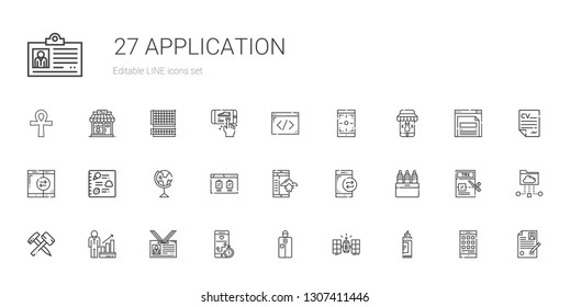 application icons set. Collection of application with marker, satellite, portable, smartphone, id card, profits, hammer, markers, browser. Editable and scalable application icons.