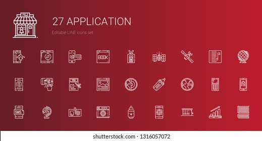 application icons set. Collection of application with newtons cradle, smartphone, marker, web development, id card, globe, earth, browser. Editable and scalable application icons.