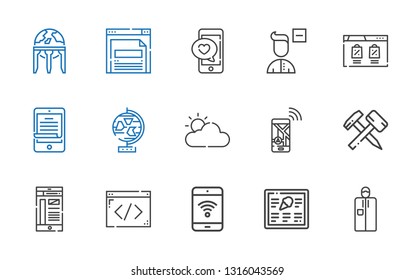 application icons set. Collection of application with portable, menu, mobile phone, coding, smartphone, hammer, navigation, cloudy, globe. Editable and scalable application icons.