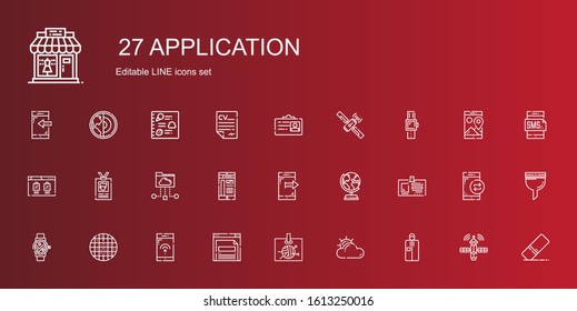 application icons set. Collection of application with portable, cloudy, id card, browser, smartphone, grid, smartwatch, earth globe, cloud folder. Editable and scalable application icons.