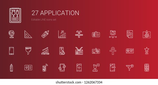 application icons set. Collection of application with smartphone, remove user, navigation, menu, marker, cross, id card, profits, filter. Editable and scalable application icons.