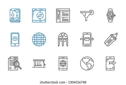 application icons set. Collection of application with smartphone, earth globe, newtons cradle, curriculum, marker, grid, smartwatch, filter. Editable and scalable application icons.