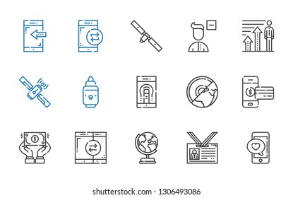 application icons set. Collection of application with smartphone, id card, earth globe, dollar, earth, marker, satellite, profits, remove user. Editable and scalable application icons.