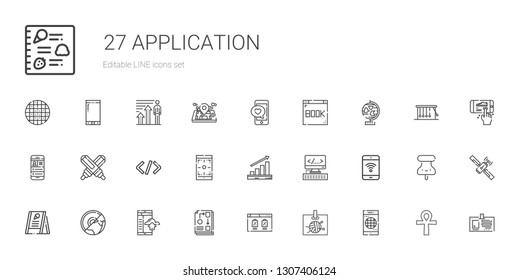 application icons set. Collection of application with smartphone, id card, browser, workflow, earth, menu, mobile phone, html, profits. Editable and scalable application icons.