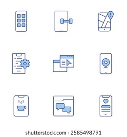 Application icons set. Line Duotone style, editable stroke. app, apps, chat, coding, fitness app, gps, mobile app, phone.
