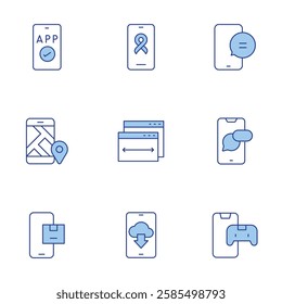 Application icons set. Line Duotone style, editable stroke. app, charity, check in, download, game, notifications, phone.
