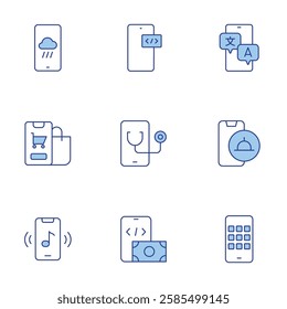 Application icons set. Line Duotone style, editable stroke. app, app development, development, doctor, food delivery, online shopping, smartphone, translation.