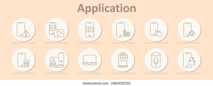Conjunto de iconos de aplicación. Video Configuración Teléfono móvil, advertencia, calculadora, Iconos de línea sobre fondo beige
