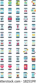 iconos de aplicación configuran pantalla de teléfono móvil relacionada con avión, mundo globo, bloqueo, corazón, personajes, dólares, nubes, radio, tablero de juegos y tienda móvil, micrófono, vectores de estilo plano