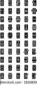 application icons set related mobile phone screen with airplane, world globe, lock, heart, characters, dollars, clouds, radio, game board,  and mobile shop, microphone, vectors in solid design