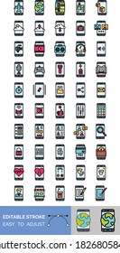 application icons set related mobile phone screen with airplane, world globe, lock, heart, characters, dollars, clouds, radio, game board,  and mobile shop, microphone, vectors with editable stroke