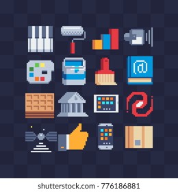 Application icons set. Symbols drawing, brush and paint. Piano and speaker tablet and smartphone. Pixel art style for app, web and digital design. 8-bit sprite. Isolated vector illustration.