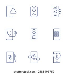 Application icons set. Thin Line style, editable stroke. coding, dating app, doctor, payable dating app, phone, smartphone.