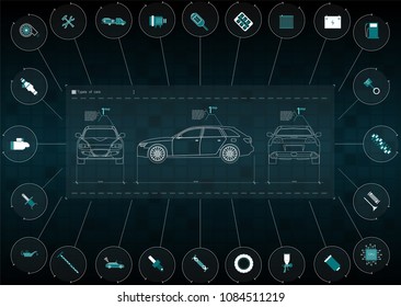 The application interface for the repair and maintenance of automotive parts.Infographics of freight transport and transportation.Template of automobile infographics. touch user interface.