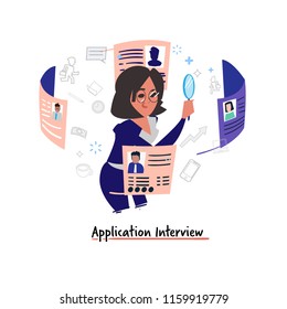 Application interview concept. human resource girl selecting  people to job by resume - vector illustratration