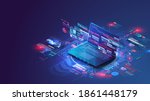 Application of isometric laptop with business graph and analytics data. Analysis trends and software development coding process concept. Programming, testing cross platform code.Programming or coding