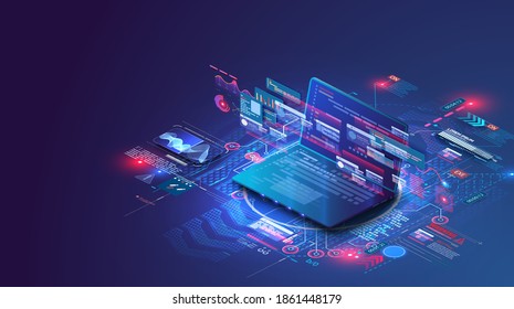Application of isometric laptop with business graph and analytics data. Analysis trends and software development coding process concept. Programming, testing cross platform code.Programming or coding