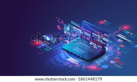 Application of isometric laptop with business graph and analytics data. Analysis trends and software development coding process concept. Programming, testing cross platform code.Programming or coding