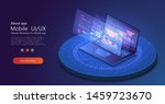 Application of laptop with business graph and analytics data on isometric laptop . Analysis trends and financial strategy by using infographic chart. Online statistics and data Analytics. Vector 