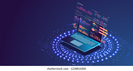 Application of laptop with business graph and analytics data on isometric laptop . Analysis trends and financial strategy by using infographic chart. Online statistics and data Analytics. Vector 