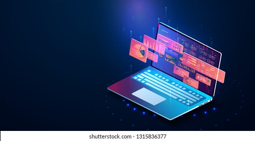 Application of laptop with business graph and analytics data on isometric laptop . Analysis trends and financial strategy by using infographic chart. Online statistics and data Analytics. Vector 