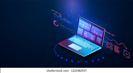 Application of laptop with business graph and analytics data on isometric laptop . Analysis trends and financial strategy by using infographic chart. Online statistics and data Analytics. Vector