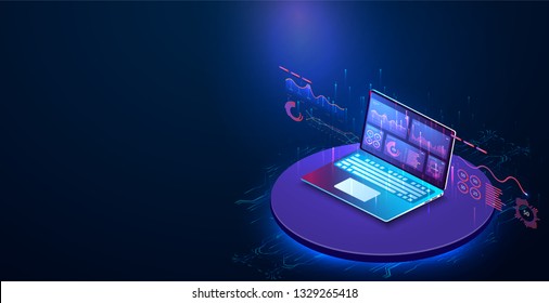 Application of laptop with business graph and analytics data on isometric laptop . Analysis trends and financial strategy by using infographic chart. Online statistics and data Analytics. Vector 