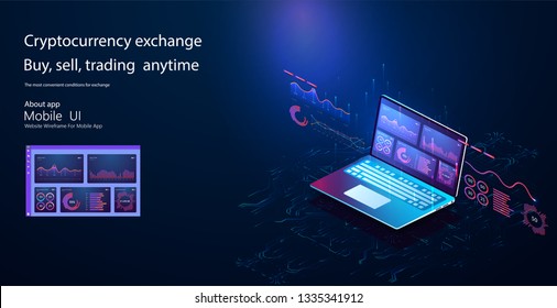 Application of laptop with business graph and analytics data on isometric laptop . Analysis trends and financial strategy by using infographic chart. Online statistics and data Analytics. Vector