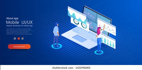 Aplicación de portátiles con gráficos de negocios y datos analíticos en portátiles isométricos . Analice las tendencias de UI/UX y la estrategia financiera mediante gráficos infográficos. Estadísticas en línea y análisis de datos. Vector