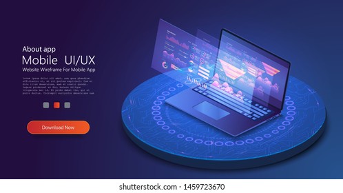 Application of laptop with business graph and analytics data on isometric laptop . Analysis trends and financial strategy by using infographic chart. Online statistics and data Analytics. Vector 