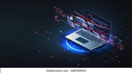 Application of laptop with business graph and analytics data on isometric laptop .Digital money market, investment, finance and trading. Perfect for web design, banner, presentation. Isometric vector