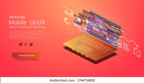 Application of laptop with business graph and analytics data on isometric laptop .Digital money market, investment, finance and trading. Perfect for web design, banner, presentation. Isometric vector