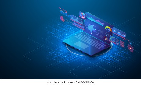 Aplicación de laptops con gráficos de negocios y datos analíticos en laptop isométrica . Análisis de tendencias y estrategia financiera mediante gráfico infográfico. Estadísticas en línea y análisis de datos. 
 Vector