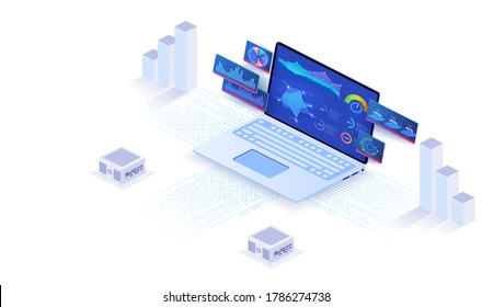 Application of laptop with business graph and analytics data on isometric laptop . Analysis trends and financial strategy by using infographic chart. Online statistics and data Analytics. Vector