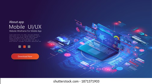 Application of laptop with business graph and analytics data on isometric laptop . Analysis trends and financial strategy by using infographic chart. Website UI,UX concept based isometric landing page