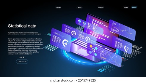 Application of laptop with business graph and analytics data on isometric laptop Analysis trends and financial strategy by using infographic chart. Digital money market, investment finance and trading