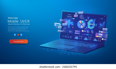 Application Of Laptop Business Graph And Analytics Data On Isometric Laptop. Analysis Trends And Financial Strategy By Using Infographic Chart. Online Statistics, Data Analysis. Forex, Stock Market