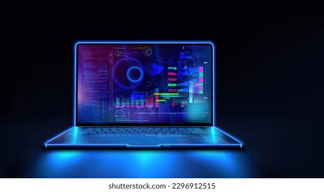 Application of laptop with business graph, analytics data. Analysis trends and software development coding process concept. Programming, coding, concept banner. Computer program code. Blue neon color