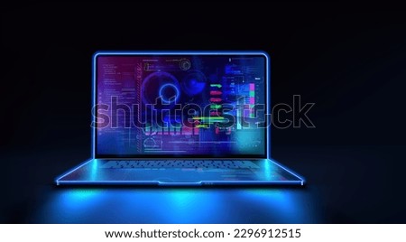 Application of laptop with business graph, analytics data. Analysis trends and software development coding process concept. Programming, coding, concept banner. Computer program code. Blue neon color