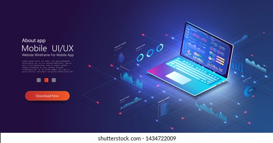 Application of laptop with business statistics and data Analytics. Digital money market, investment, finance and trading. Perfect for web design, banner and presentation. Isometric vector illustration