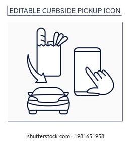 Application line icon. Curbside pickup mobile app. Order tracking. Online ordering products from grocery stores. Contact-free delivery concept. Isolated vector illustration. Editable stroke