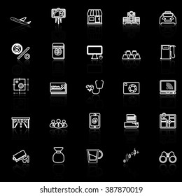 Application line icons with reflect on black, stock vector