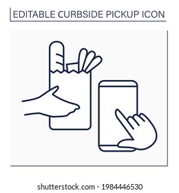 Application line icon.Tracking delivery. Curbside pickup mobile app. Online ordering products from grocery. Contact-free delivery concept. Isolated vector illustration. Editable stroke