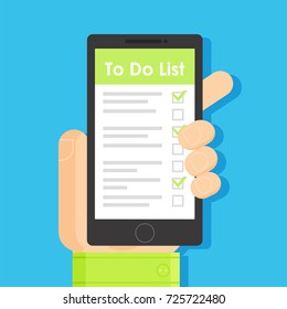 Application with a list of cases in the male hand. Application Design to do list, organizer. Vector flat illustration