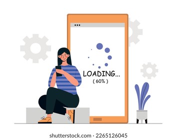 Application loading concept. Woman with smartphone downloads files, updates operating system and program, content or upgrade. Modern technologies and digital world. Cartoon flat vector illustration