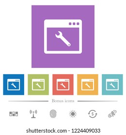 Application maintenance flat white icons in square backgrounds. 6 bonus icons included.