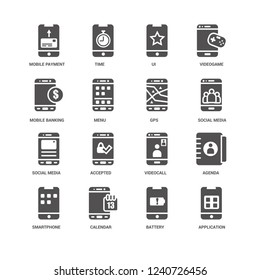 Application, Menu, Mobile payment, Time, Agenda, Videocall, Accepted, Battery icon 16 set EPS 10 vector format. Icons optimized for both large and small resolutions.