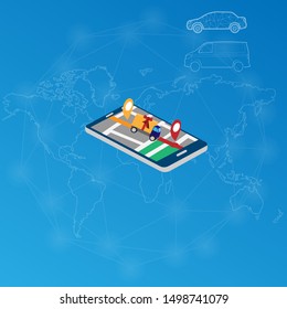 Application for navigation on your smartphone. Global navigation. Cargo transportation, vector illustration