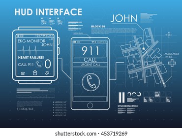 application for navigation and positioning on the ground. HUD style icon elements. Head-up display elements for the web and app. Futuristic user interface. Virtual graphic.